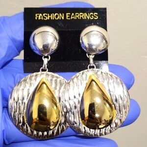 Women's Stunning Polished Two tones Circle Design Post Drop Dangle Earrings 2.5"